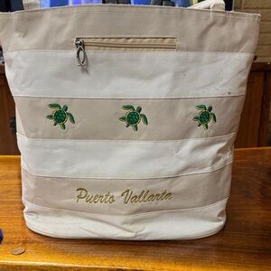 Beige Tote Bag with Turtle Embroidery